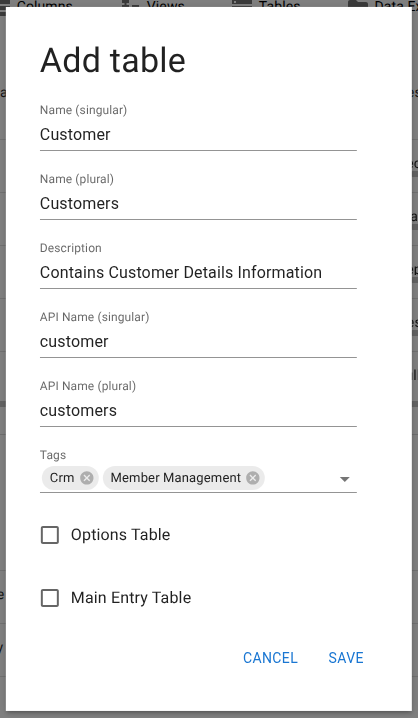 Add table form
