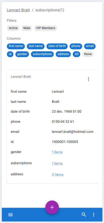 Person record with filters and column selection.